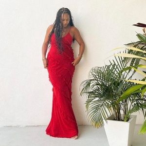 Mango Red Chiffon Ruffle Maxi Dress